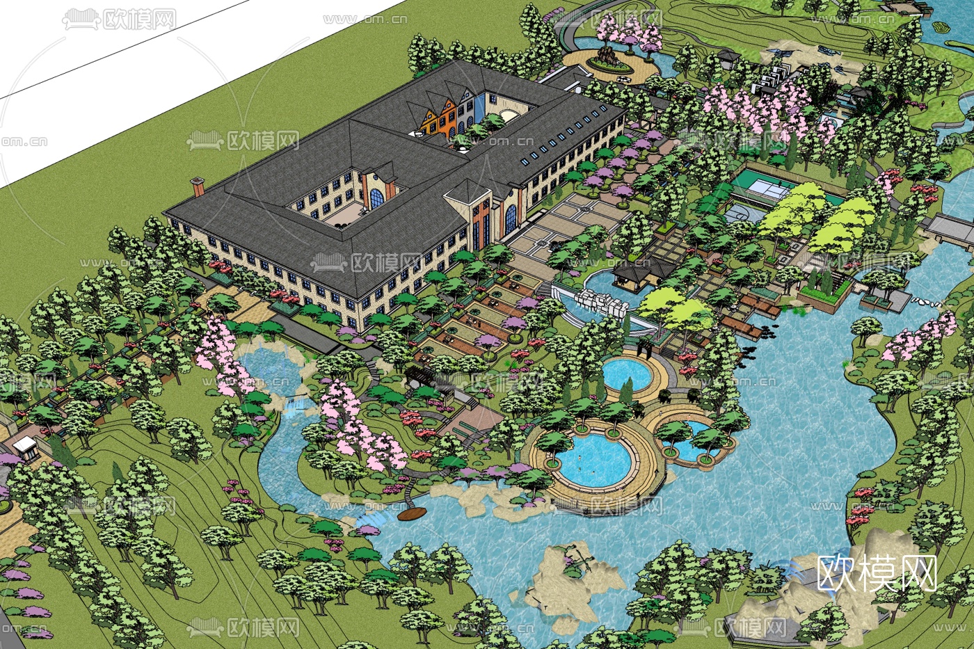 新中式度假酒店规划免费su模型下载