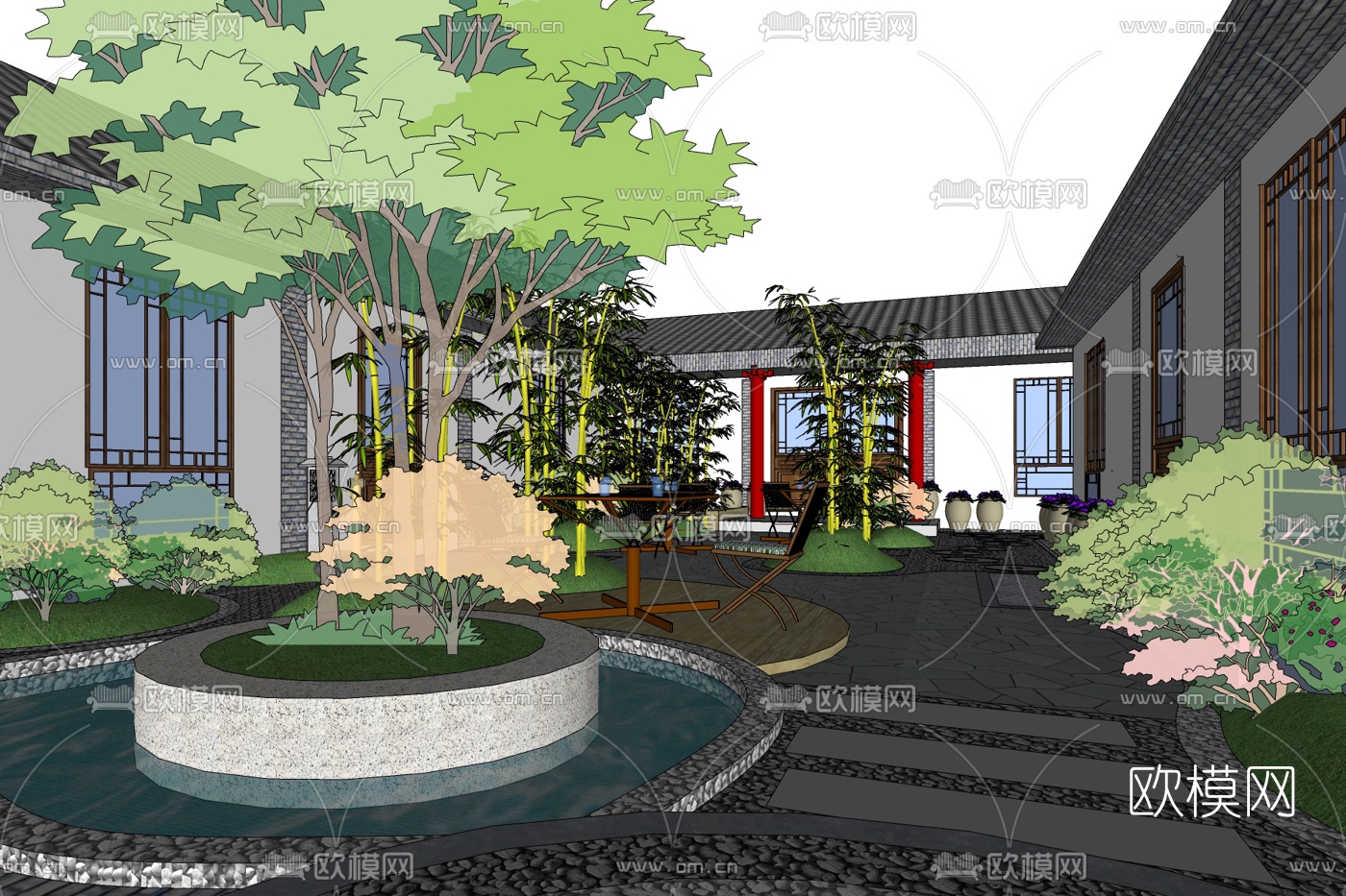 中式园林景观免费su模型下载