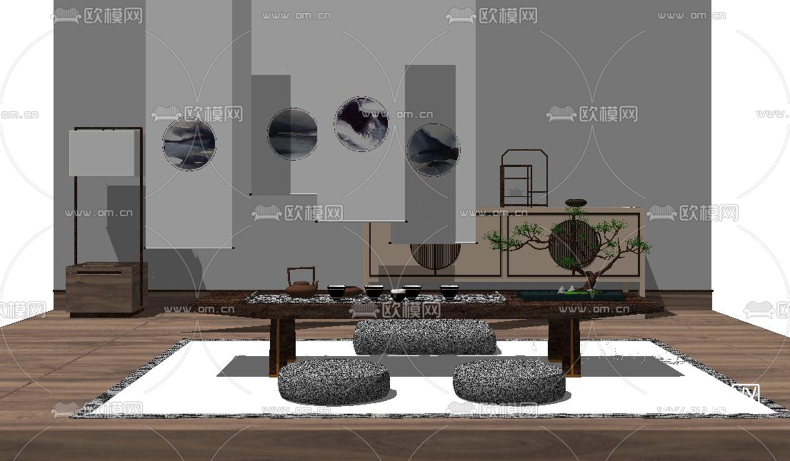 新中式榻榻米泡茶桌su模型下载