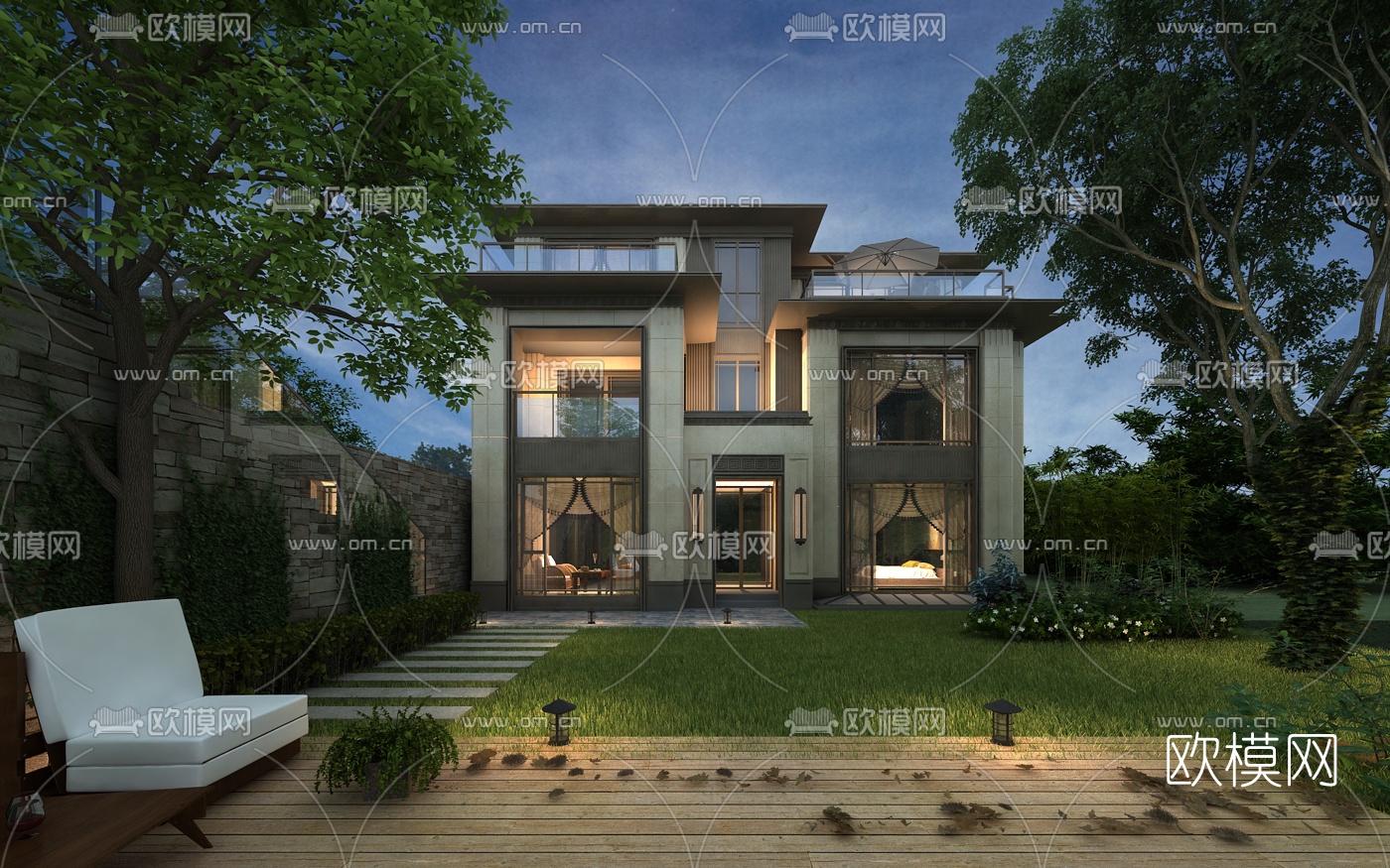 现代独栋别墅外观3d模型-免费3dmax模型库-欧模网