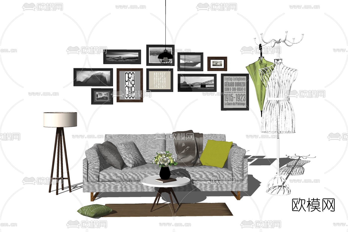 北欧布艺多人沙发su模型下载