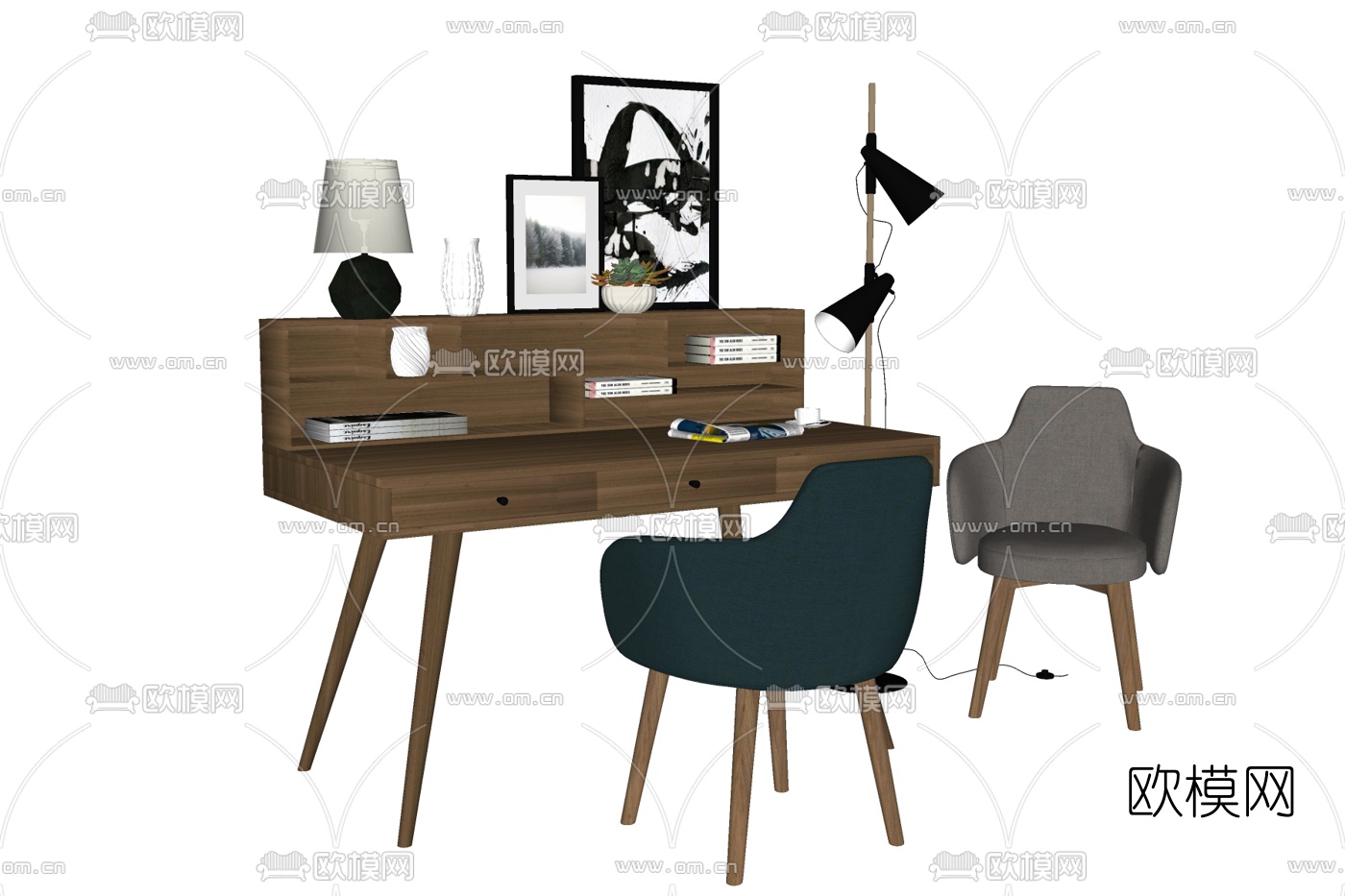 北欧实木书桌椅免费su模型下载