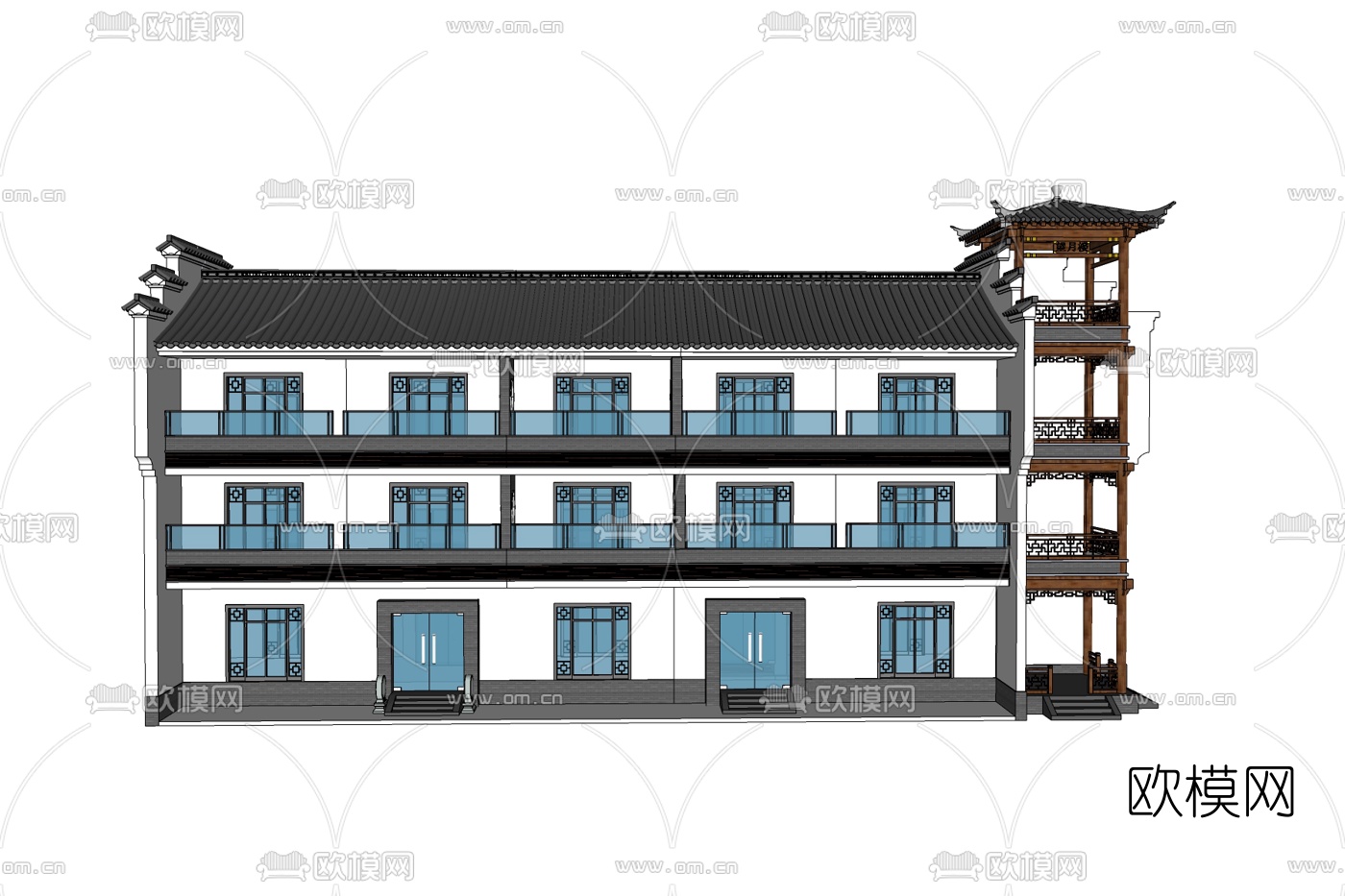 新中式建筑外观免费su模型下载