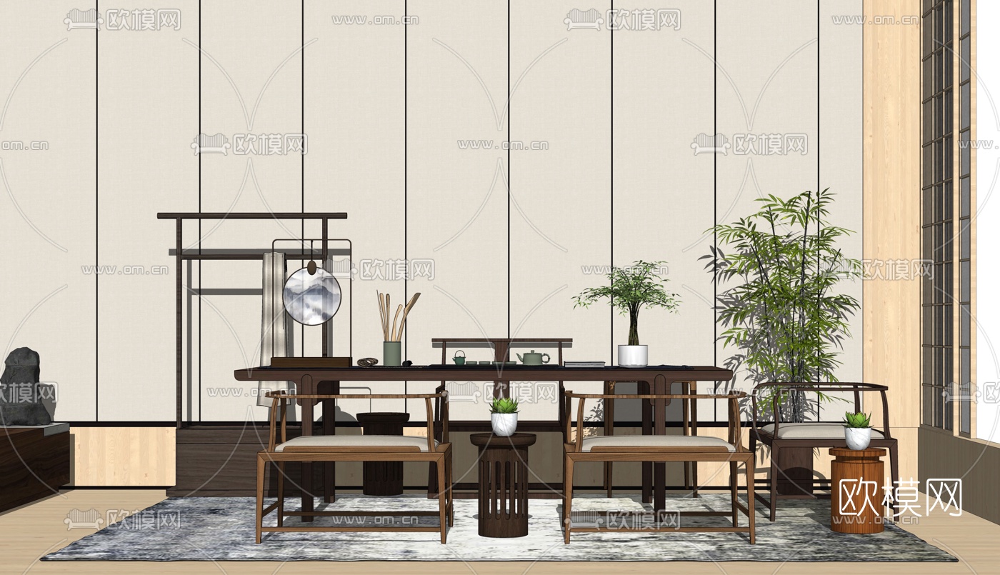 新中式实木茶桌椅su模型