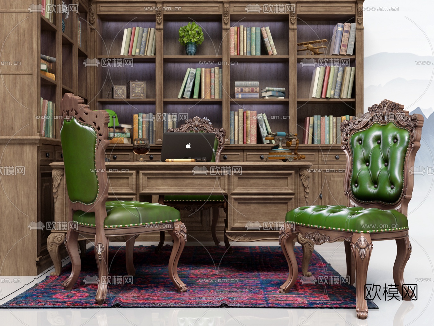 美式实木书柜书桌椅3d模型下载（渲染图1）