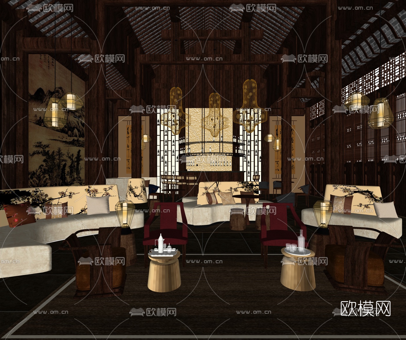 HWCD设计新中式酒店大堂吧su模型