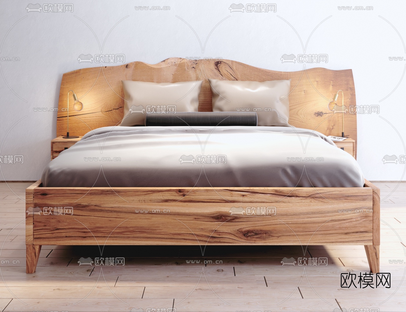 自然风原木双人床3d模型下载