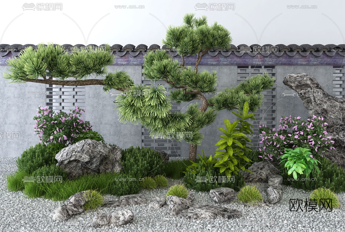 新中式松树绿植假山景观小品3d模型