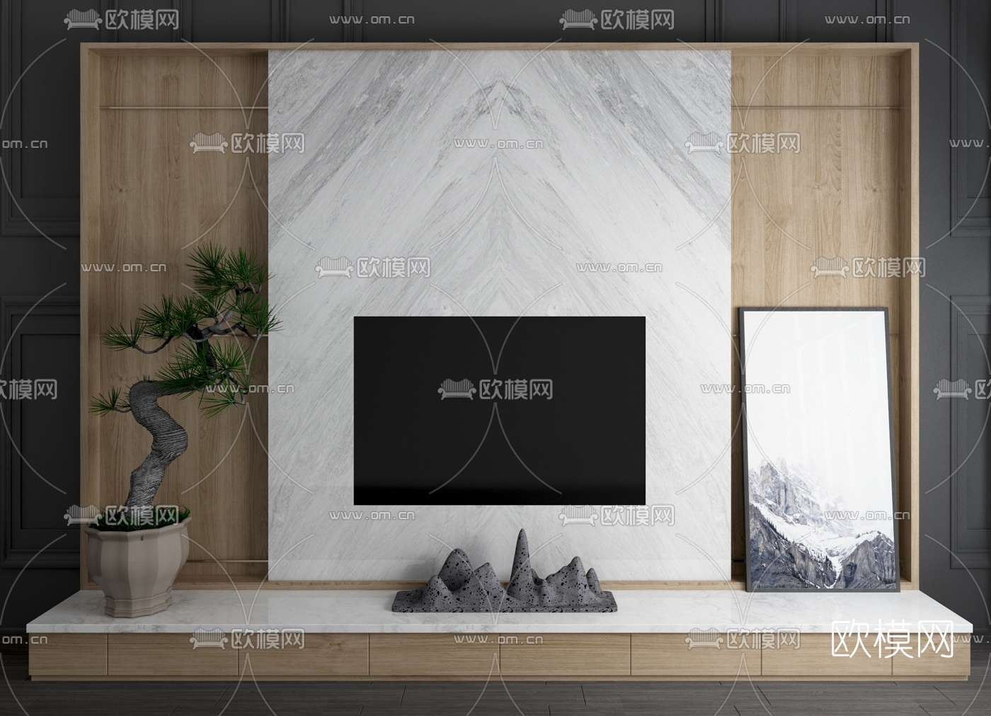 新中式电视背景墙3d模型