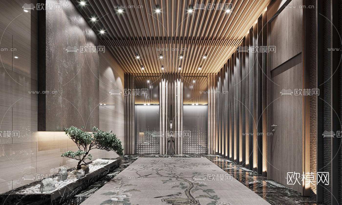 新中式酒店电梯厅3d模型下载（渲染图1）