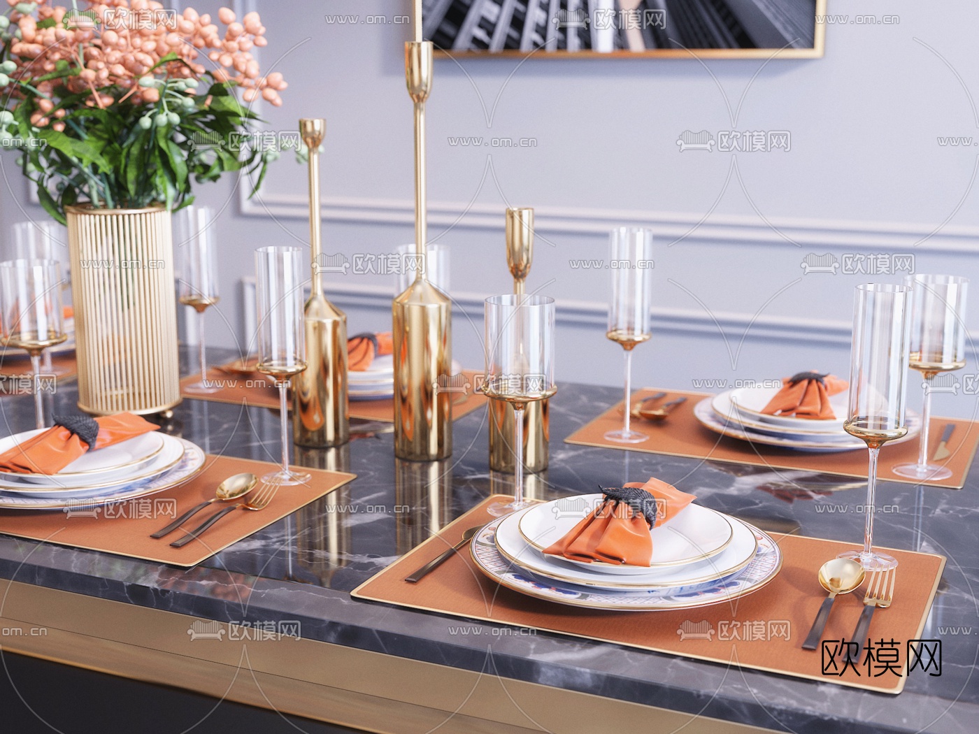 现代餐具饰品摆件组合3d模型下载（渲染图1）