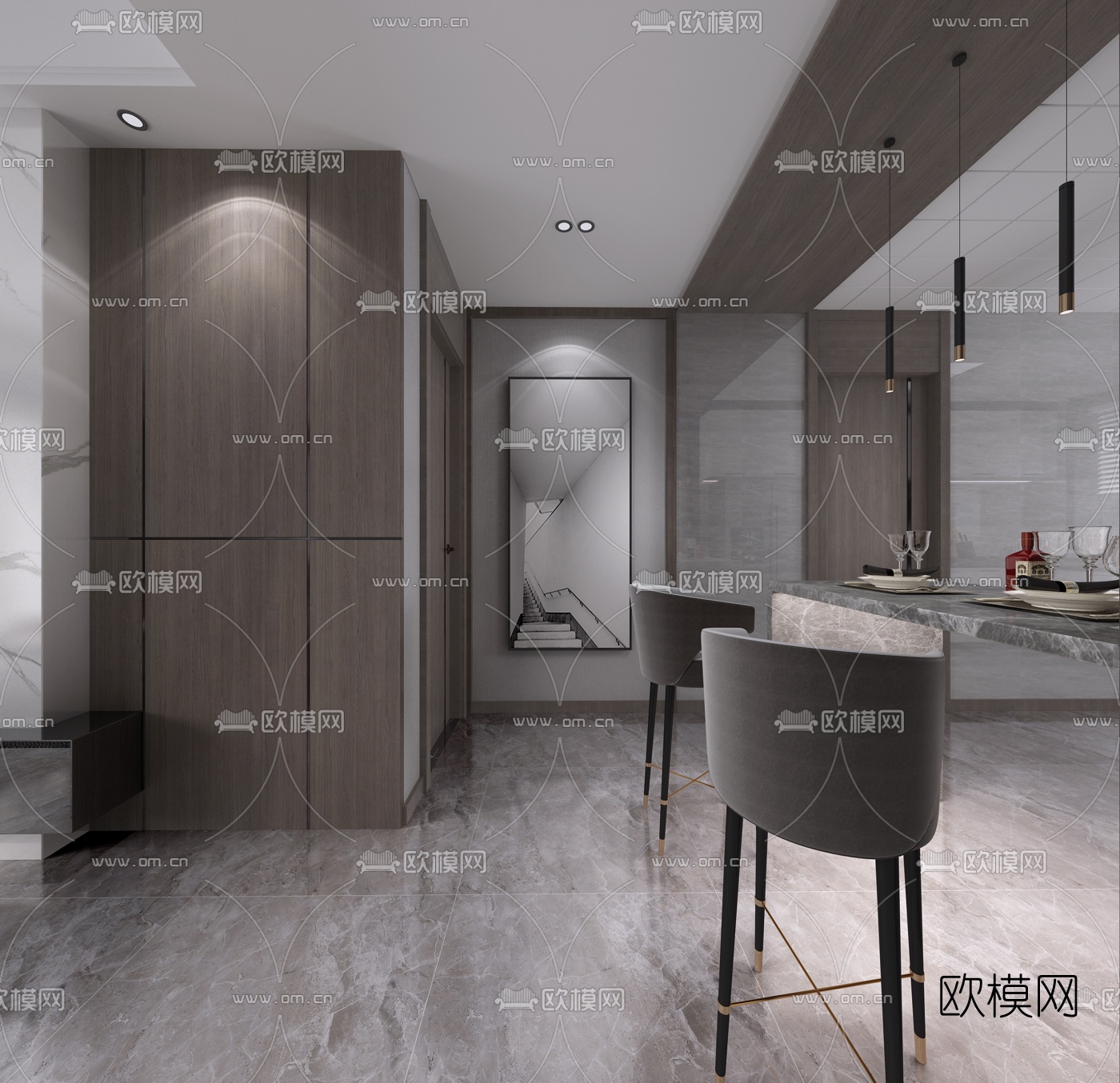 现代客厅餐厅厨房3d模型