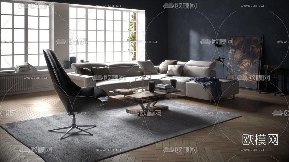 现代客厅沙发组合3d模型下载(渲染图1)