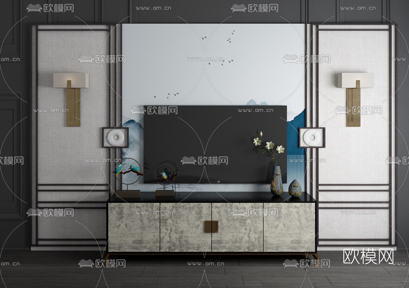 新中式电视背景墙3d模型