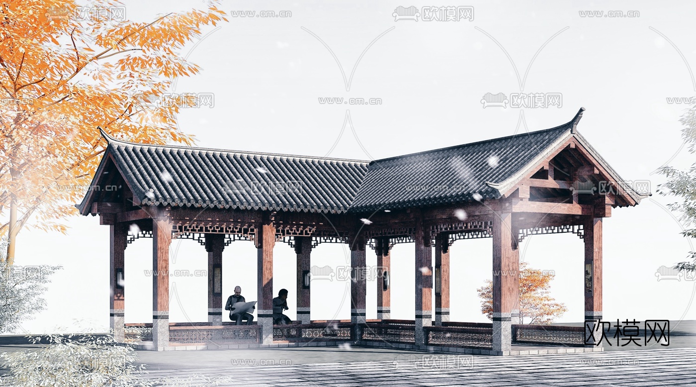 中式长廊古建休闲亭子3d模型
