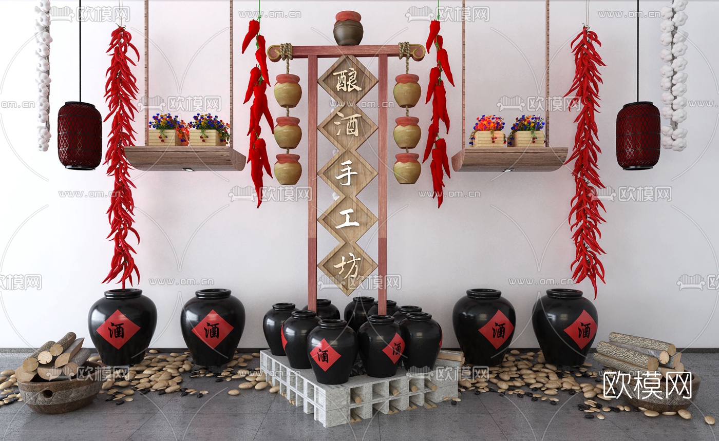 新中式酒坊景观小品3d模型下载
