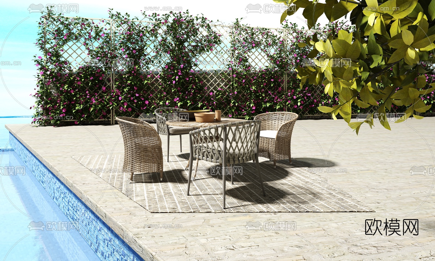 现代休闲藤编户外桌椅组合3d模型下载