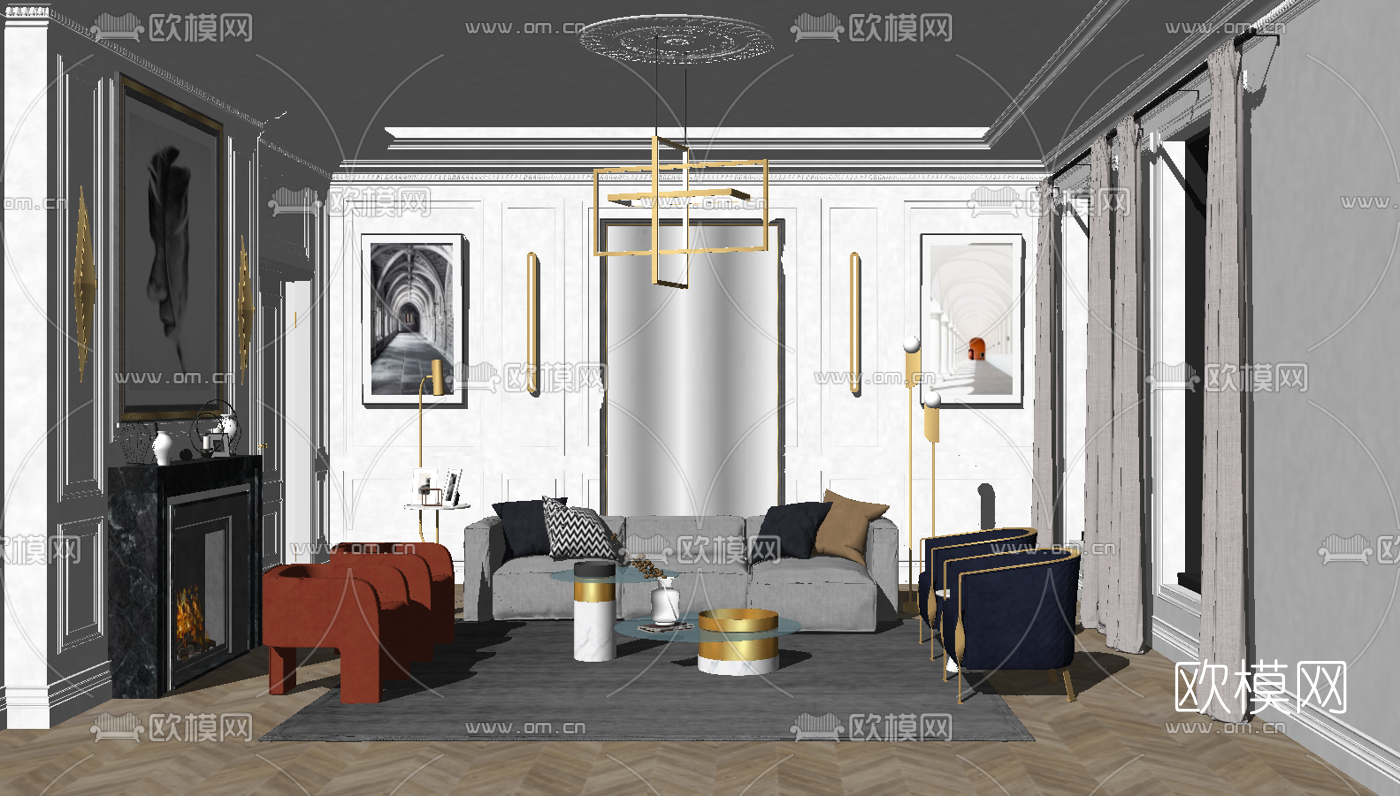 简欧客厅su模型下载