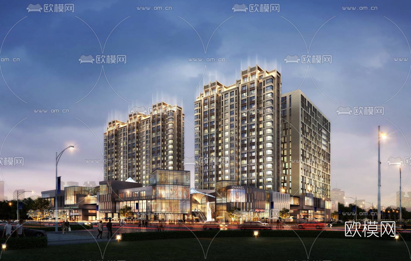 现代步行商业街夜景3d模型