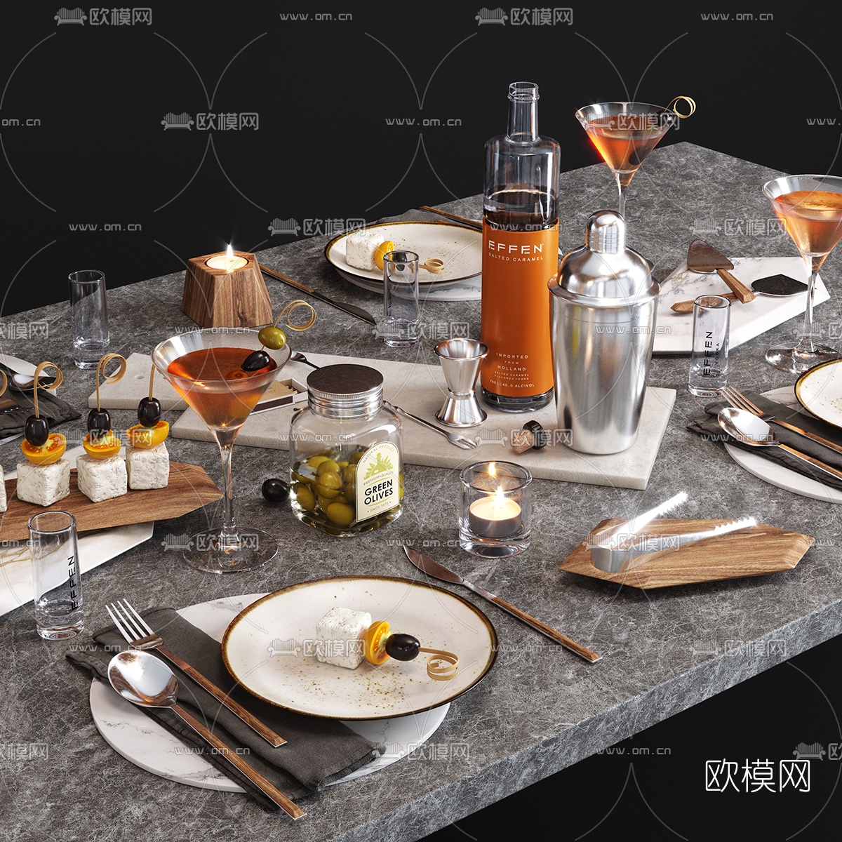 现代餐桌餐具食物组合3d模型