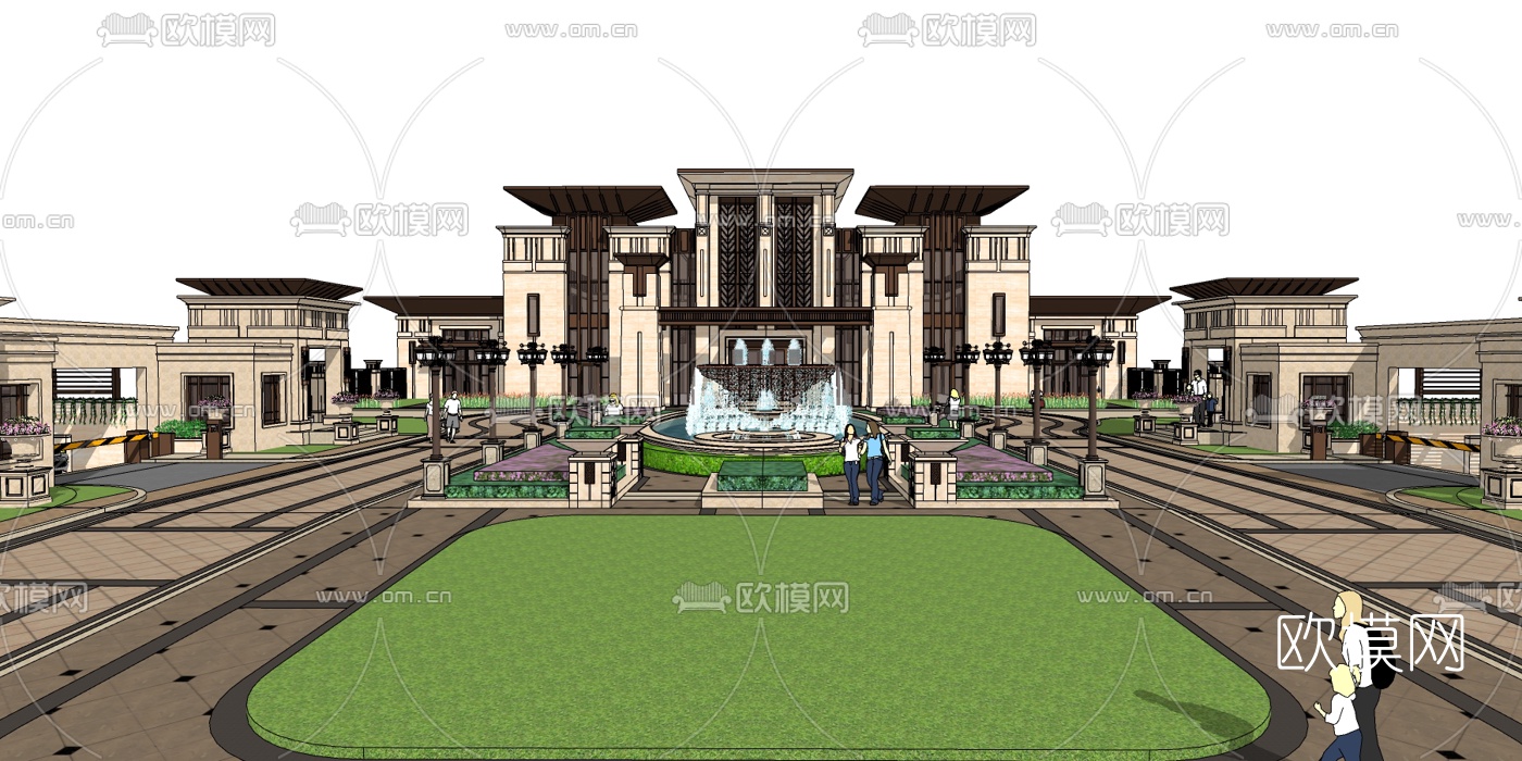 新古典小区入口景观su模型下载