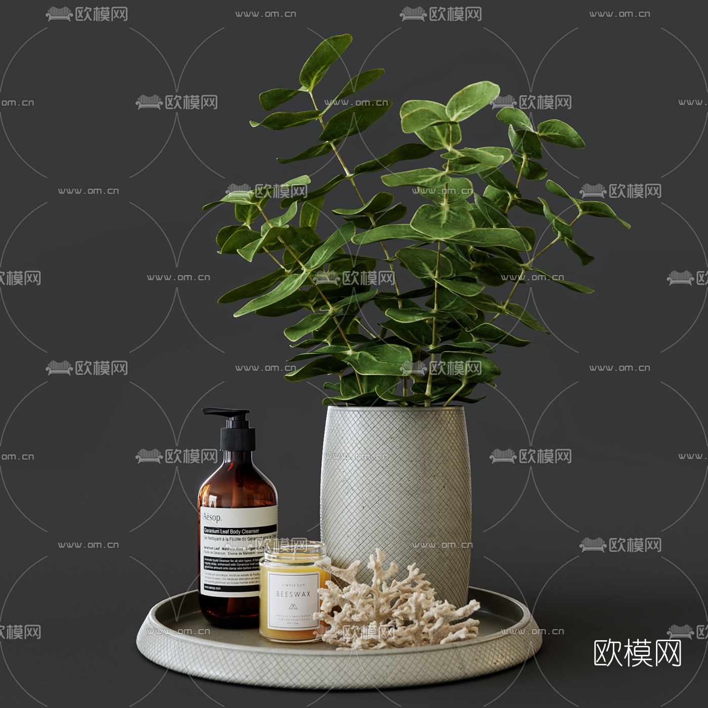 现代植物花瓶化妆品组合3d模型下载（渲染图1）