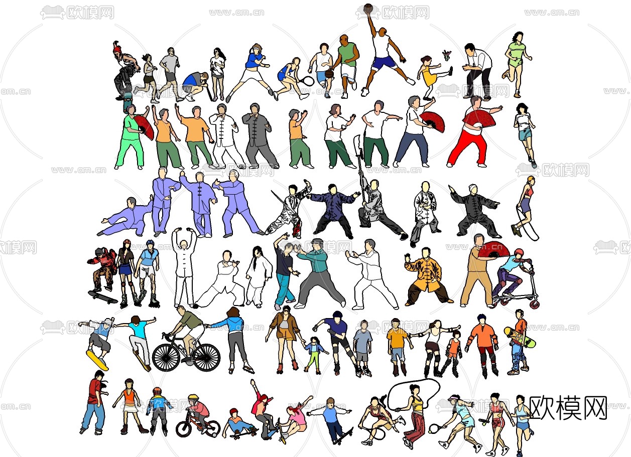 现代晨练运动人物su模型下载