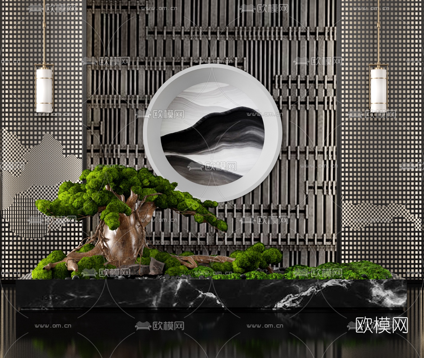 新中式榕树苔藓景观小品3d模型下载（渲染图2）