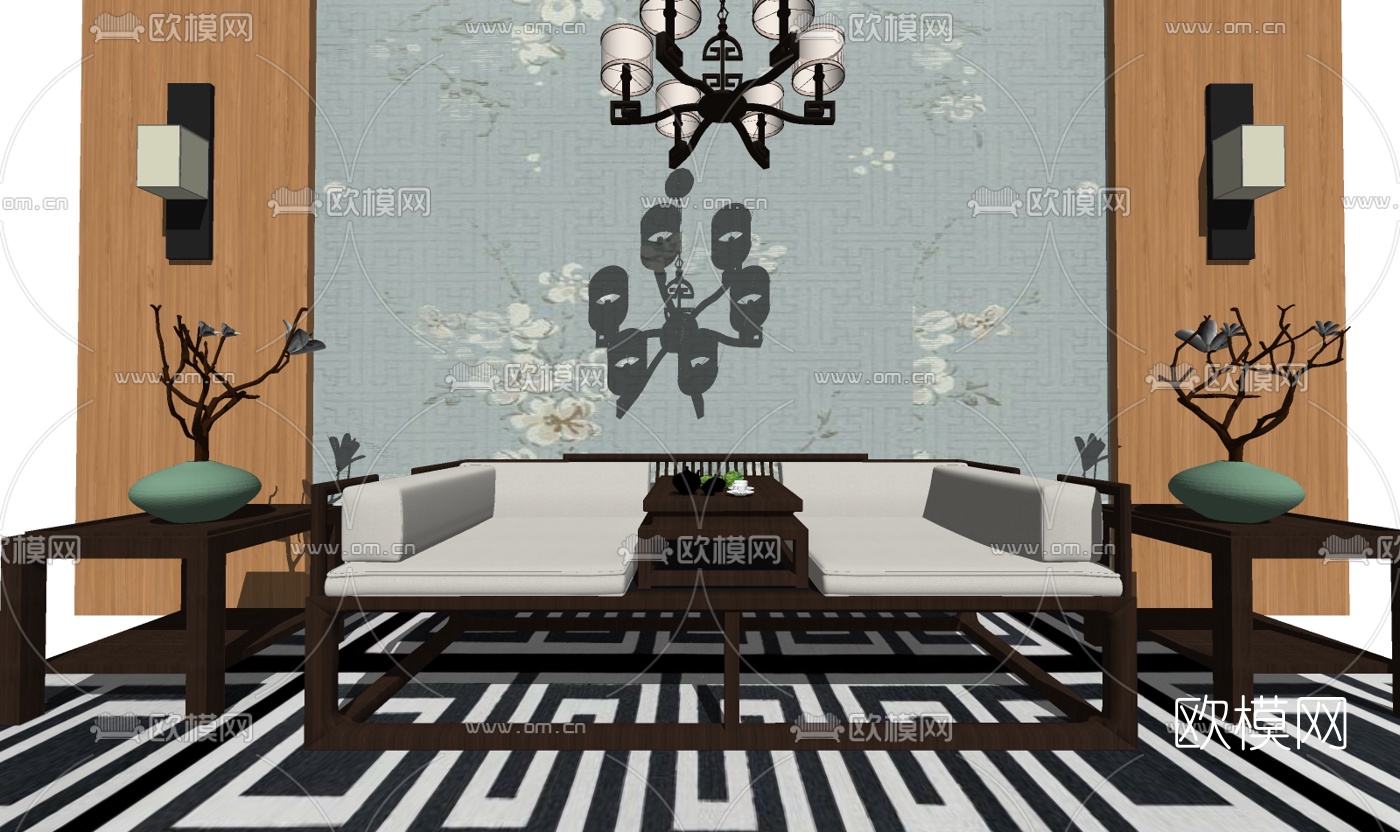 新中式布艺双人沙发su模型下载