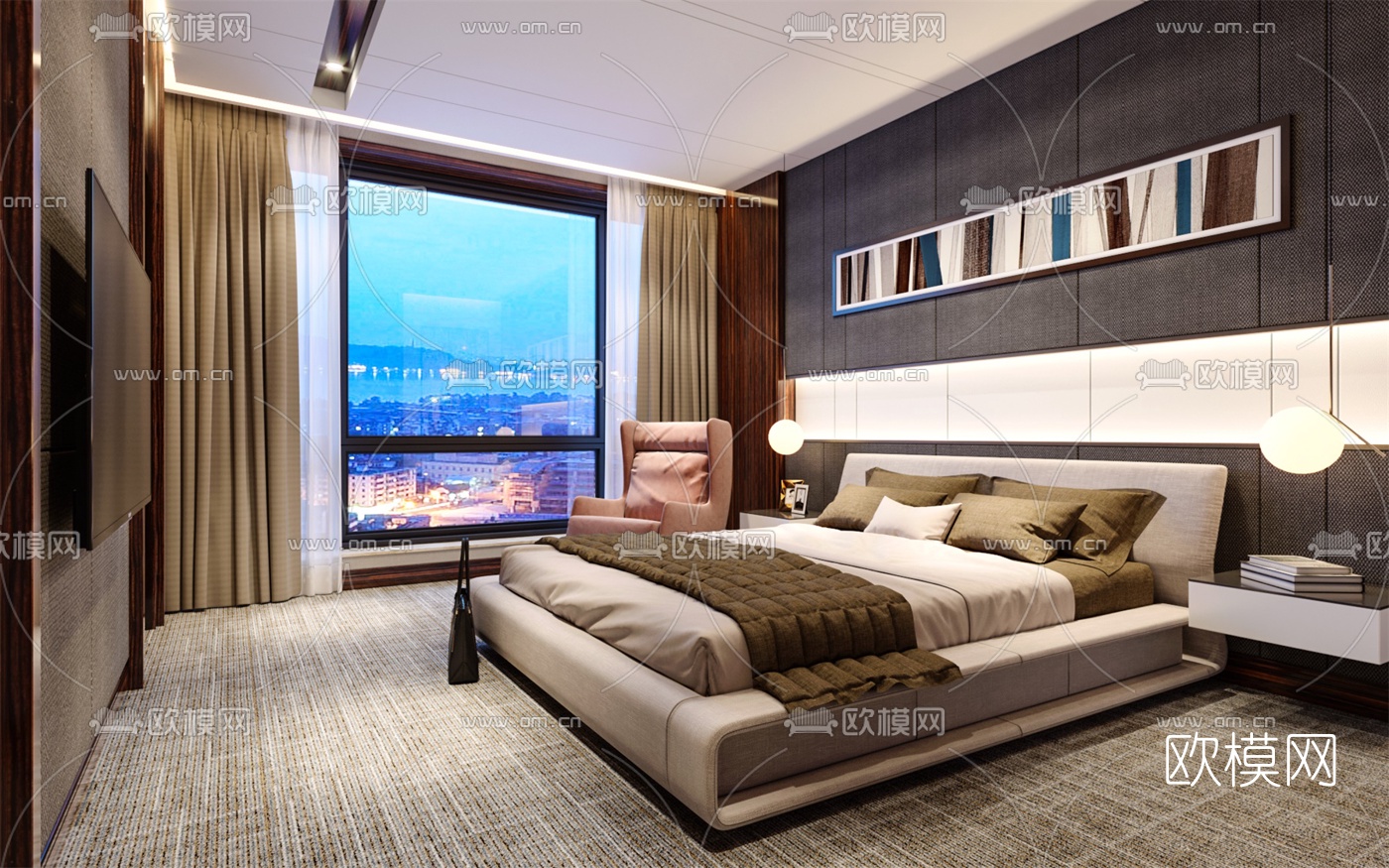 现代轻奢酒店客房套间3d模型下载（渲染图3）