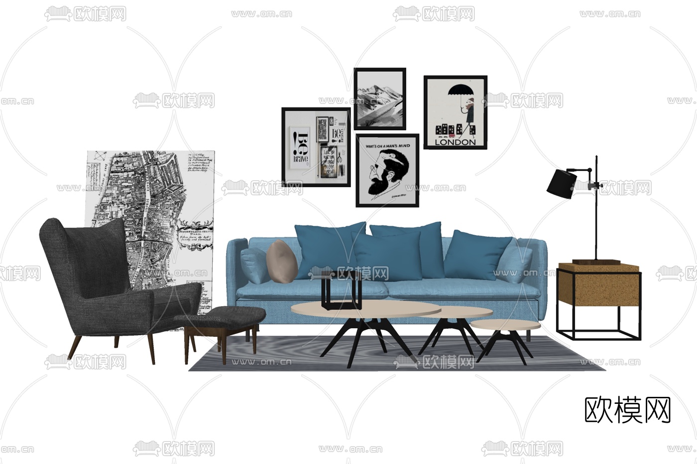 北欧布艺组合沙发免费su模型下载