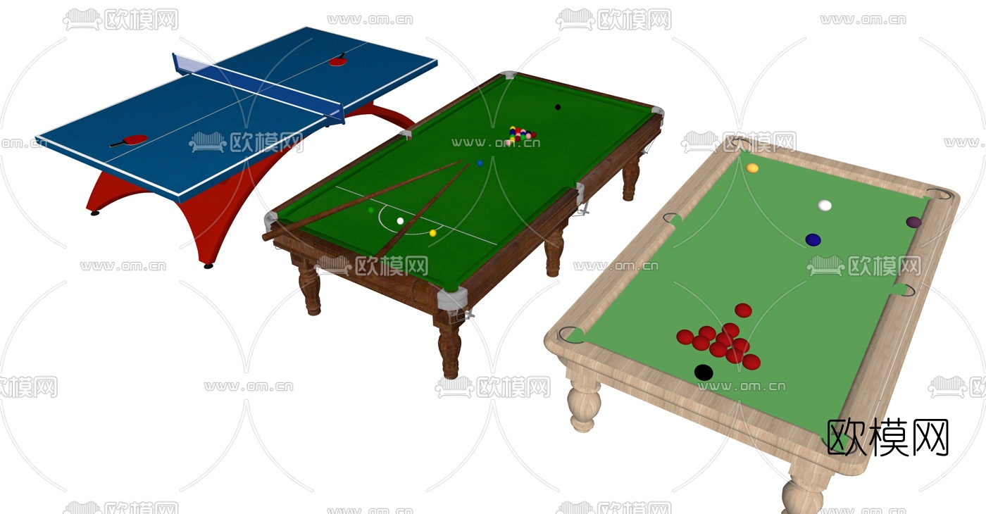 现代乒乓球桌台球桌组合su模型下载（渲染图2）
