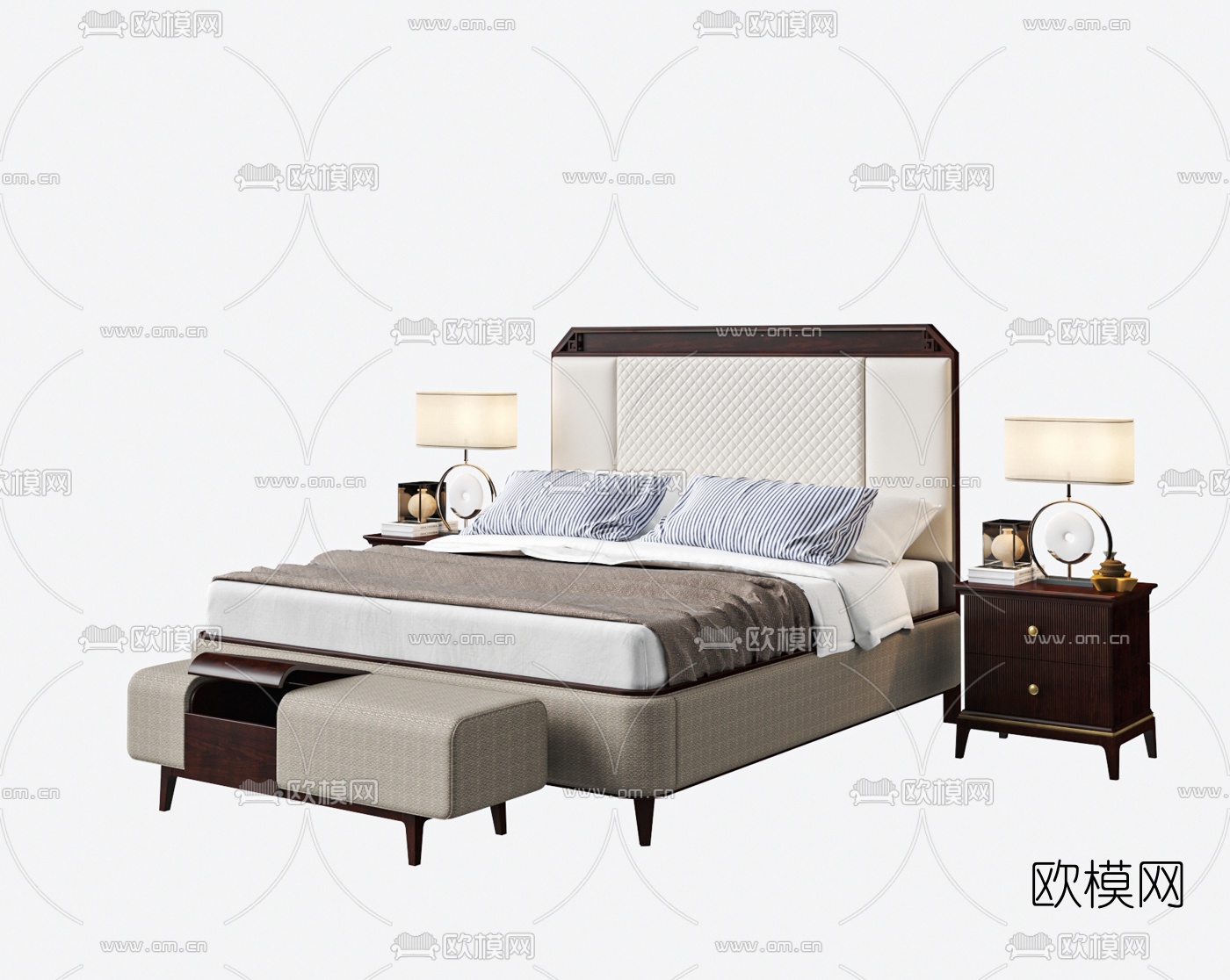 新中式实木双人床3d模型下载