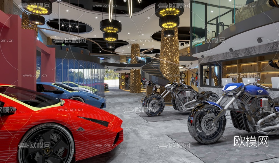 工业风汽车摩托车展厅3d模型下载(渲染图1)