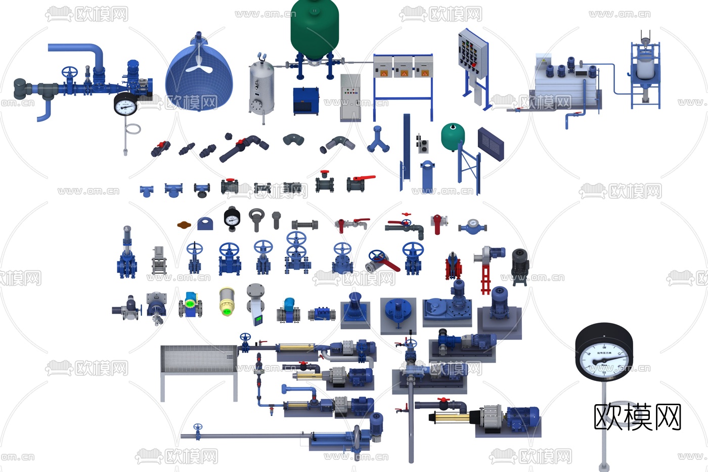现代流量计压力表阀门机械配件3d模型下载（渲染图1）