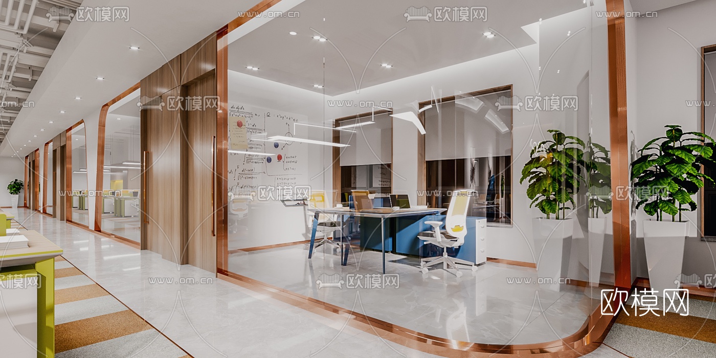 现代敞开式办公室3d模型下载（渲染图2）