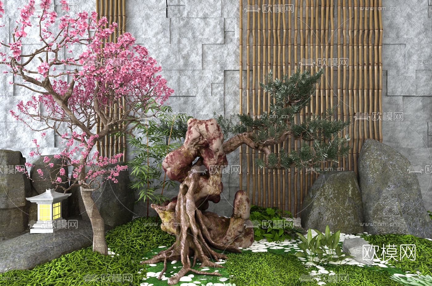 新中式松树岩石园艺小品3d模型下载