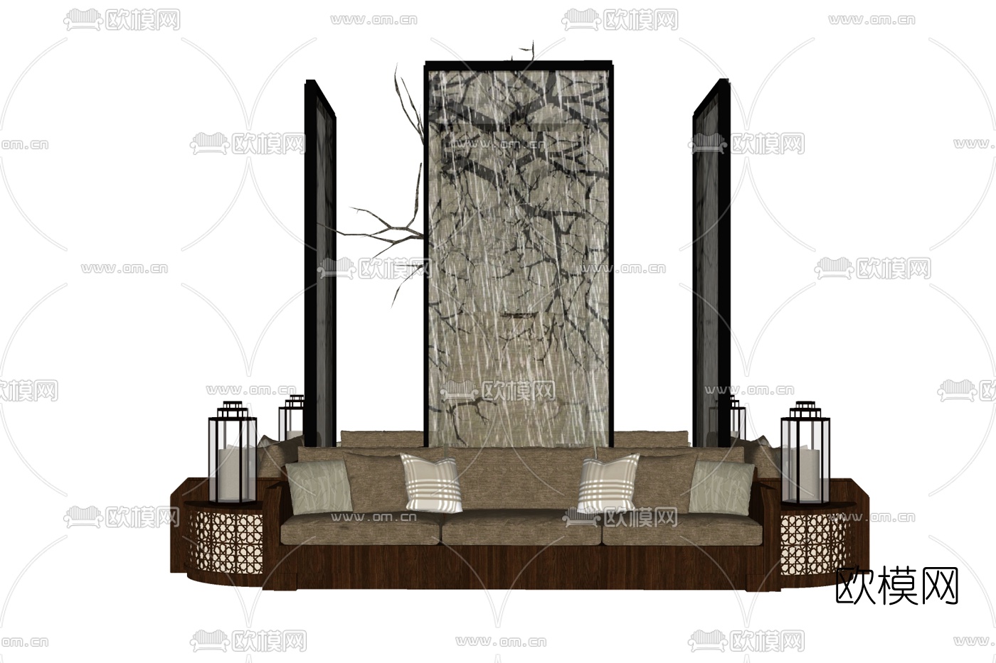 新中式布艺多人沙发免费su模型下载