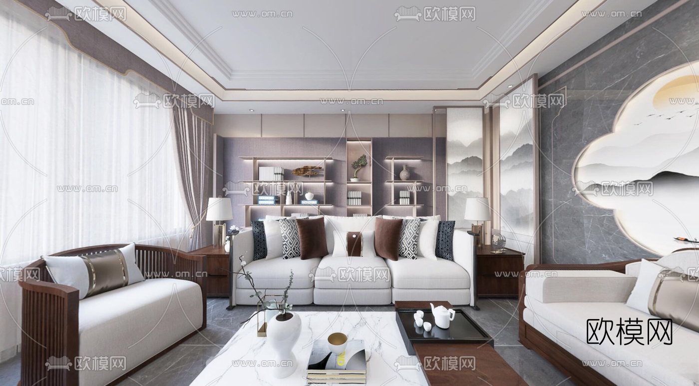 新中式客厅餐厅vr全景3d模型