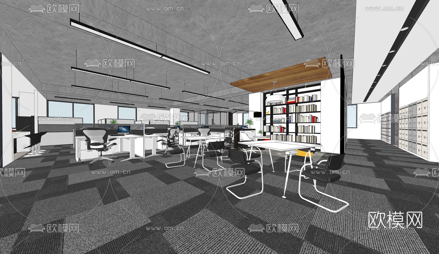 现代敞开式办公室su模型下载（渲染图2）