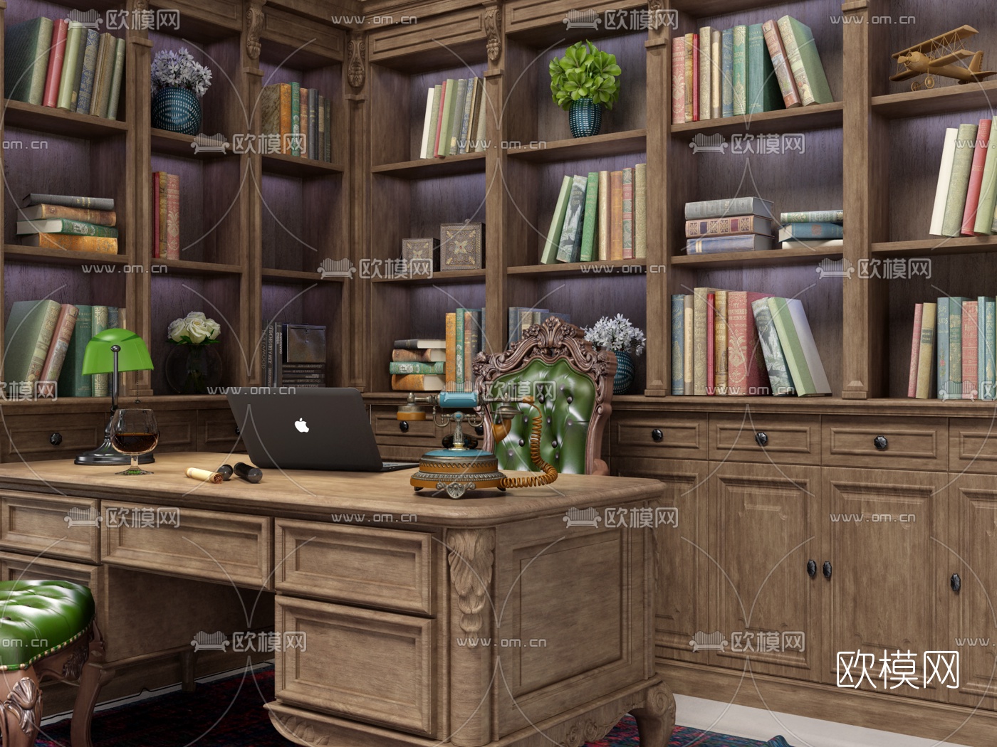 美式实木书柜书桌椅3d模型下载（渲染图2）