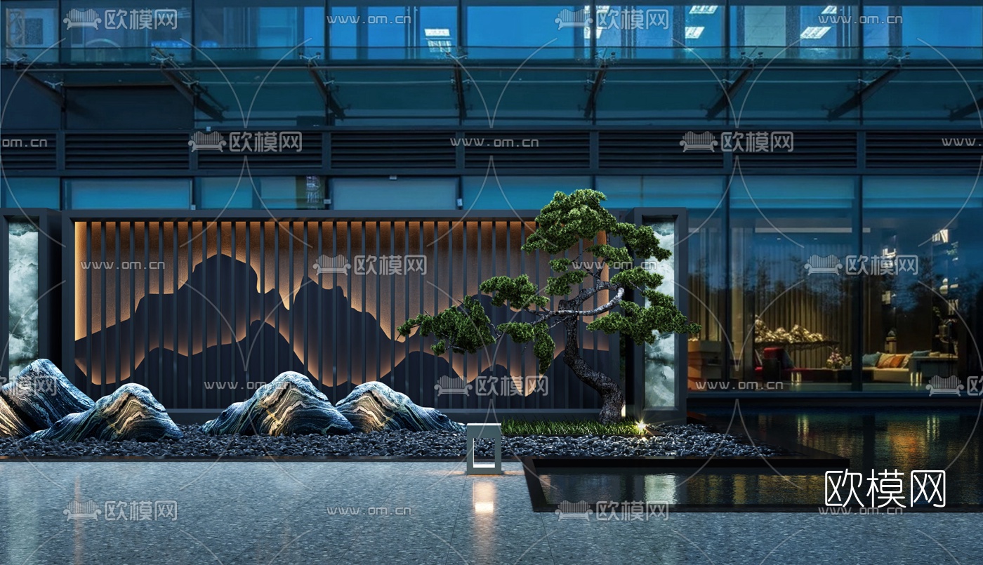 新中式庭院景观松树水景3d模型
