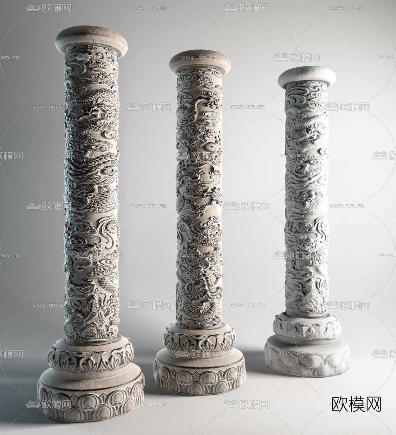 中式雕花蟠龙石柱3d模型