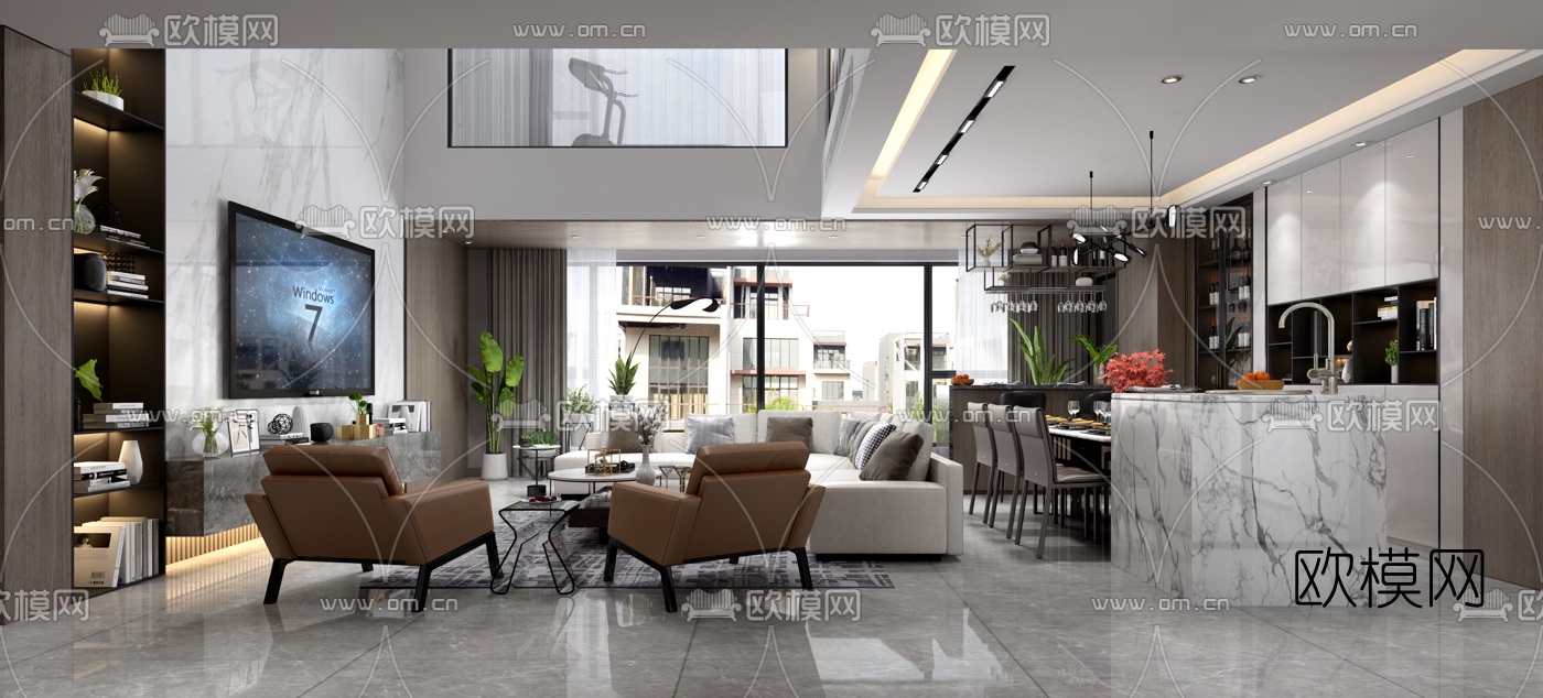 现代别墅客厅餐厅3d模型