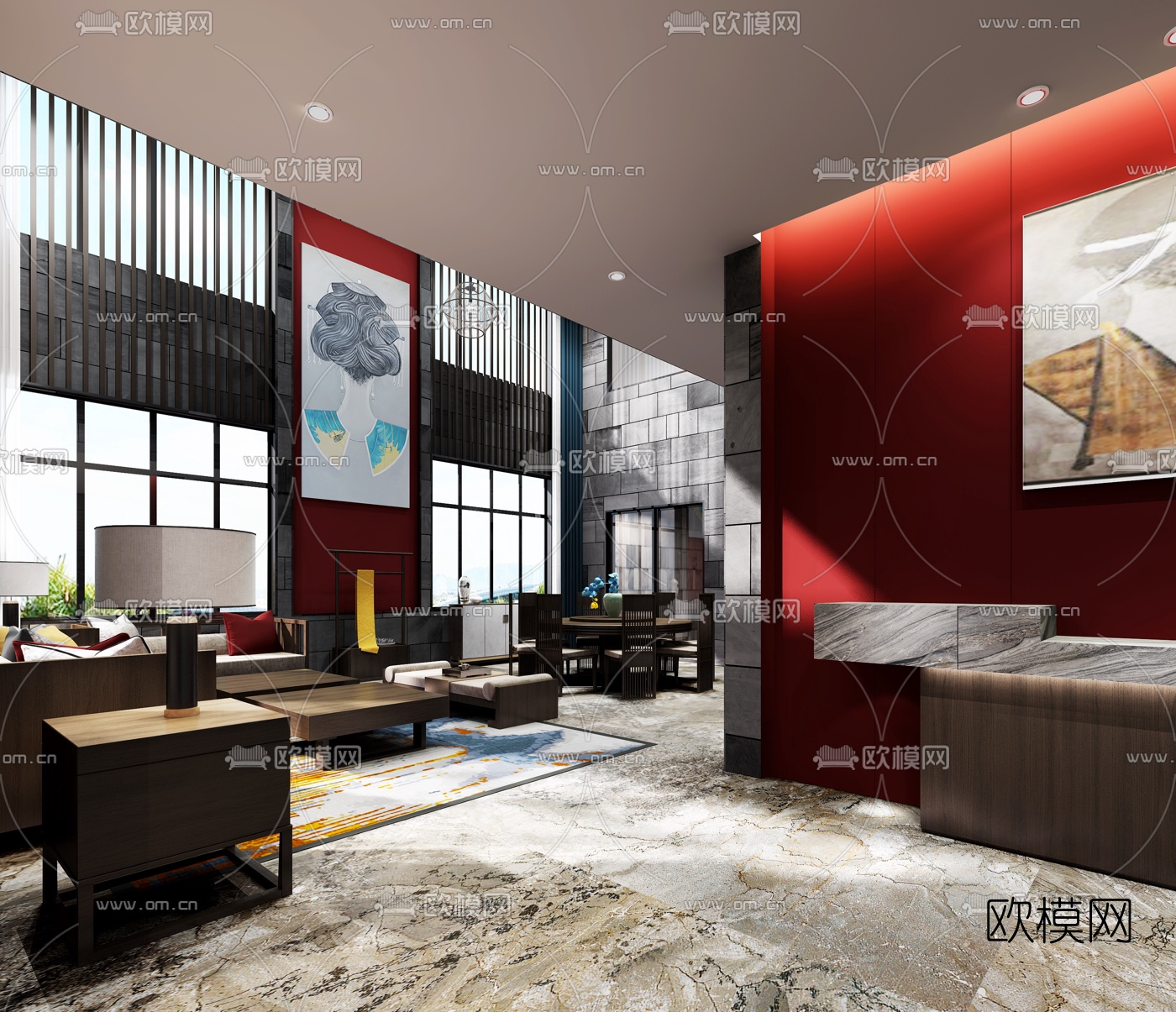 新中式别墅大堂餐厅3d模型