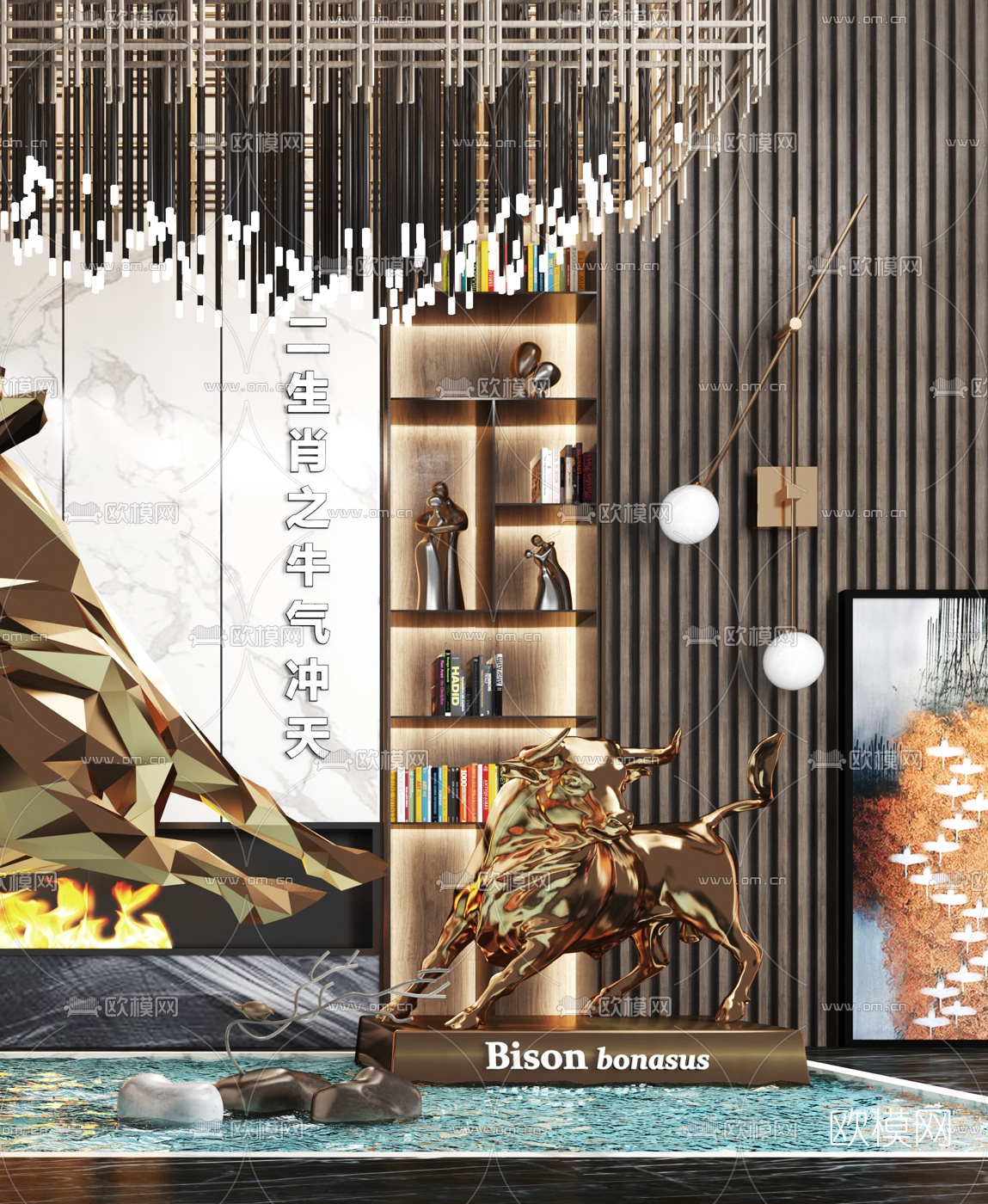 现代金属几何公牛雕塑3d模型