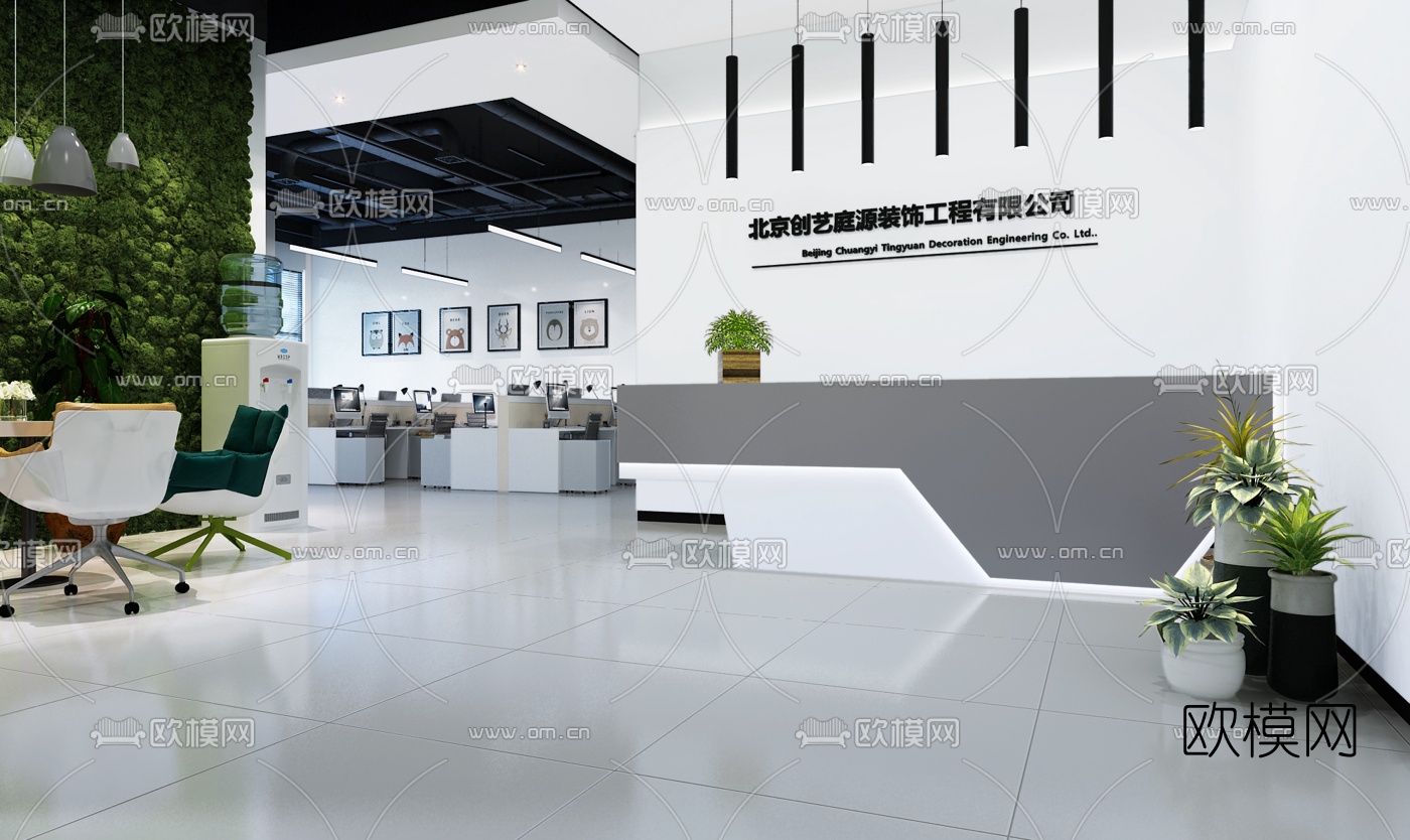 现代敞开式办公室免费3d模型下载（渲染图2）