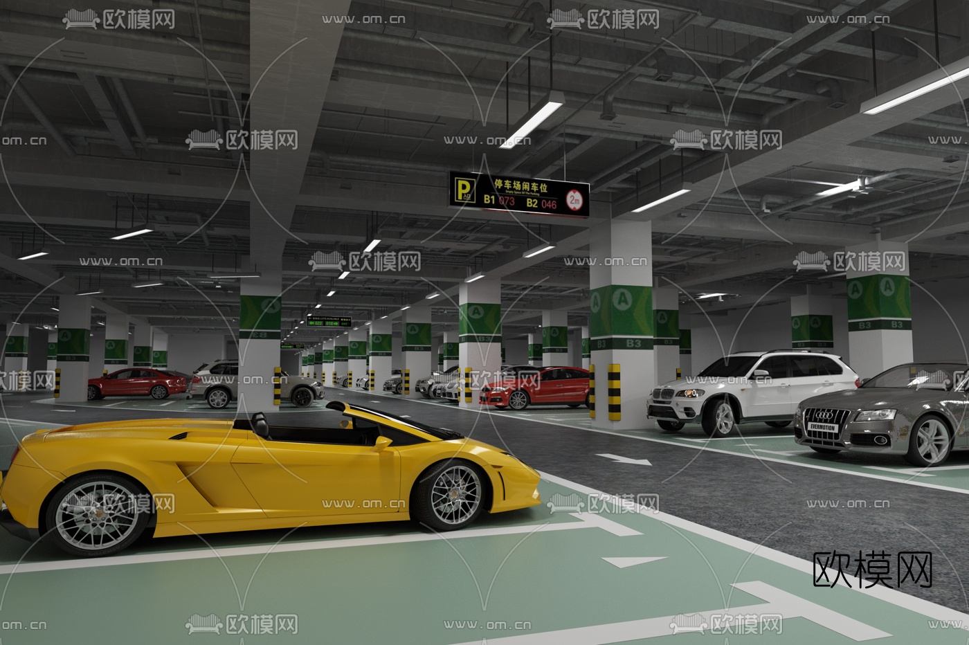 现代地下车库3d模型下载