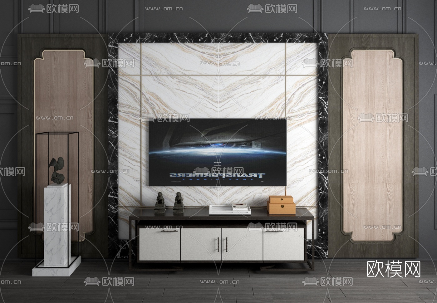 新中式电视背景墙3d模型