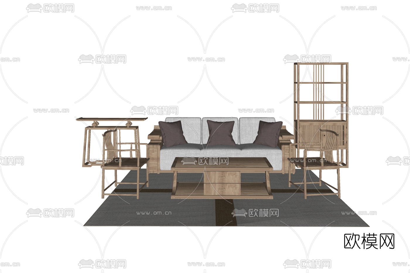 新中式布艺组合沙发免费su模型下载